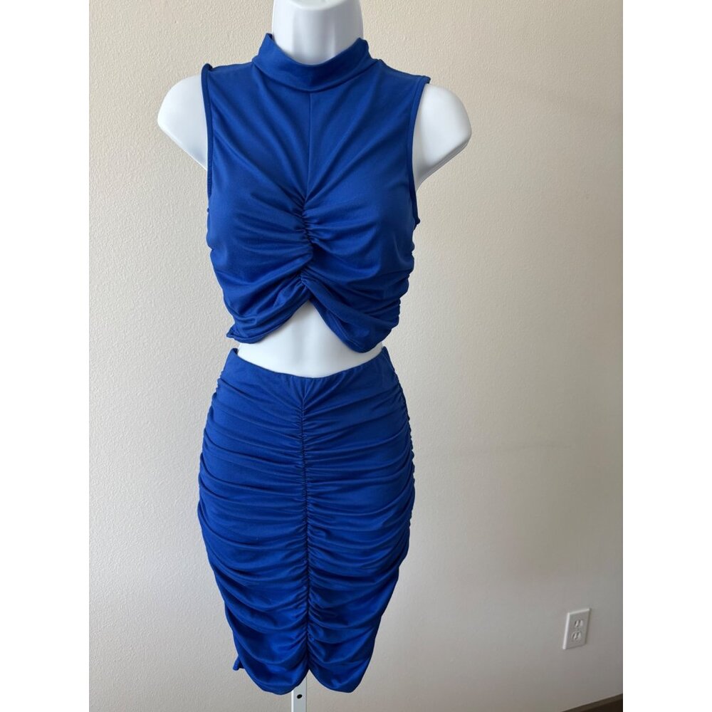 Skirt & Crop Top Set Large BodyCon Blue Ruched Y2K Glam Cyber Grunge Festival - Picture 1 of 15